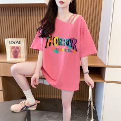 實拍質量/純棉/韓版寬鬆中長款斜肩不規則設計感T恤女夏