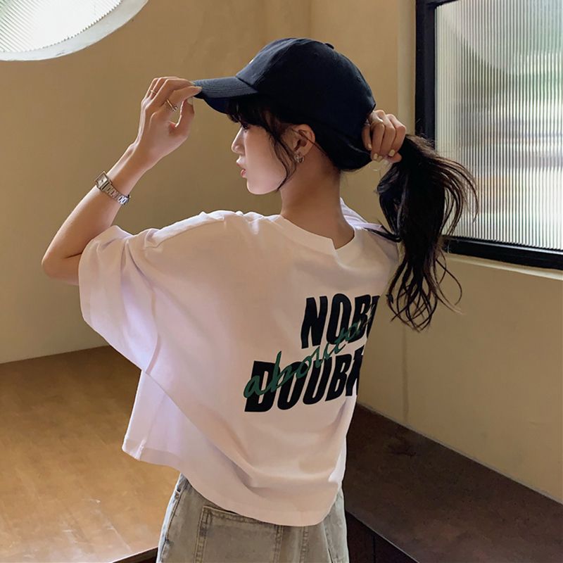 Pure cotton original foreign trade Korean version rear bag collar summer new women's round neck printed slim short T-shirt for women short sleeves
