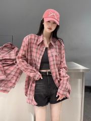 韓版氣質粉色格子襯衫女2025春夏寬鬆透氣長袖襯衣外套防曬