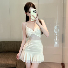 Elegant French-style sexy mesh ruffle-strapped dress—perfect for petite figures, exuding sophistication with its cinched waist and figure-flattering, body-hugging short design.
