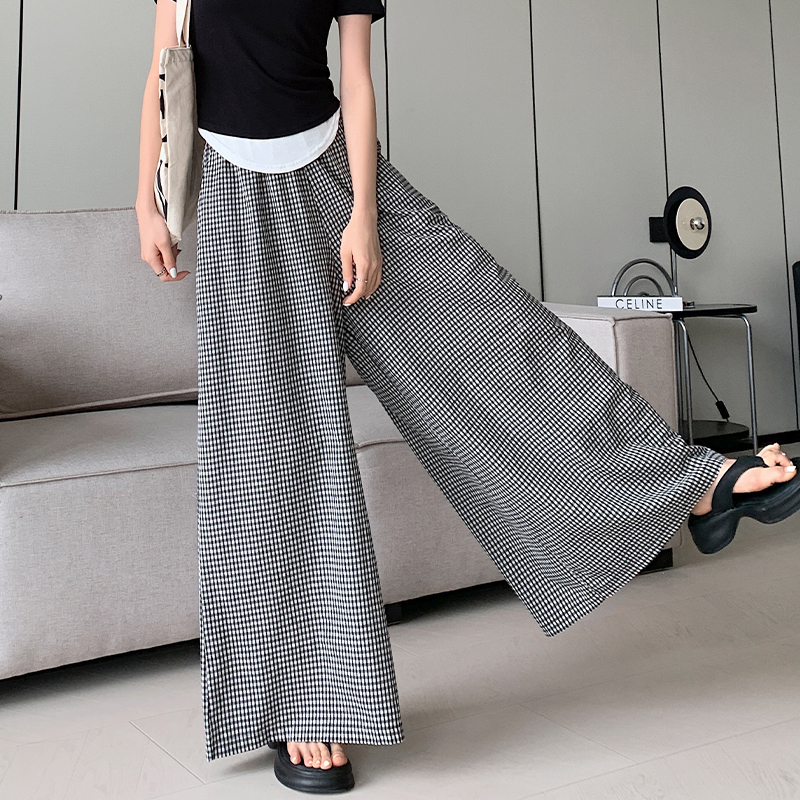 Original fabric Korean foreign trade waist with a wrap-around large hem skirt and pants for women in autumn cotton and linen lazy style small plaid trousers elastic waist