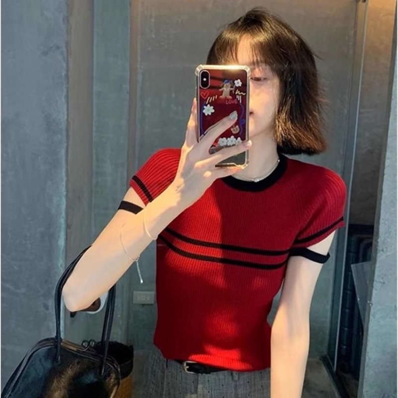 French red striped short-sleeved knitted top for women in summer tight slim flying sleeves short ice silk shoulder T-shirt