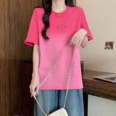 實拍粉色漸變短袖t恤女夏季爆重工燙鑽美式潮牌寬鬆oversize