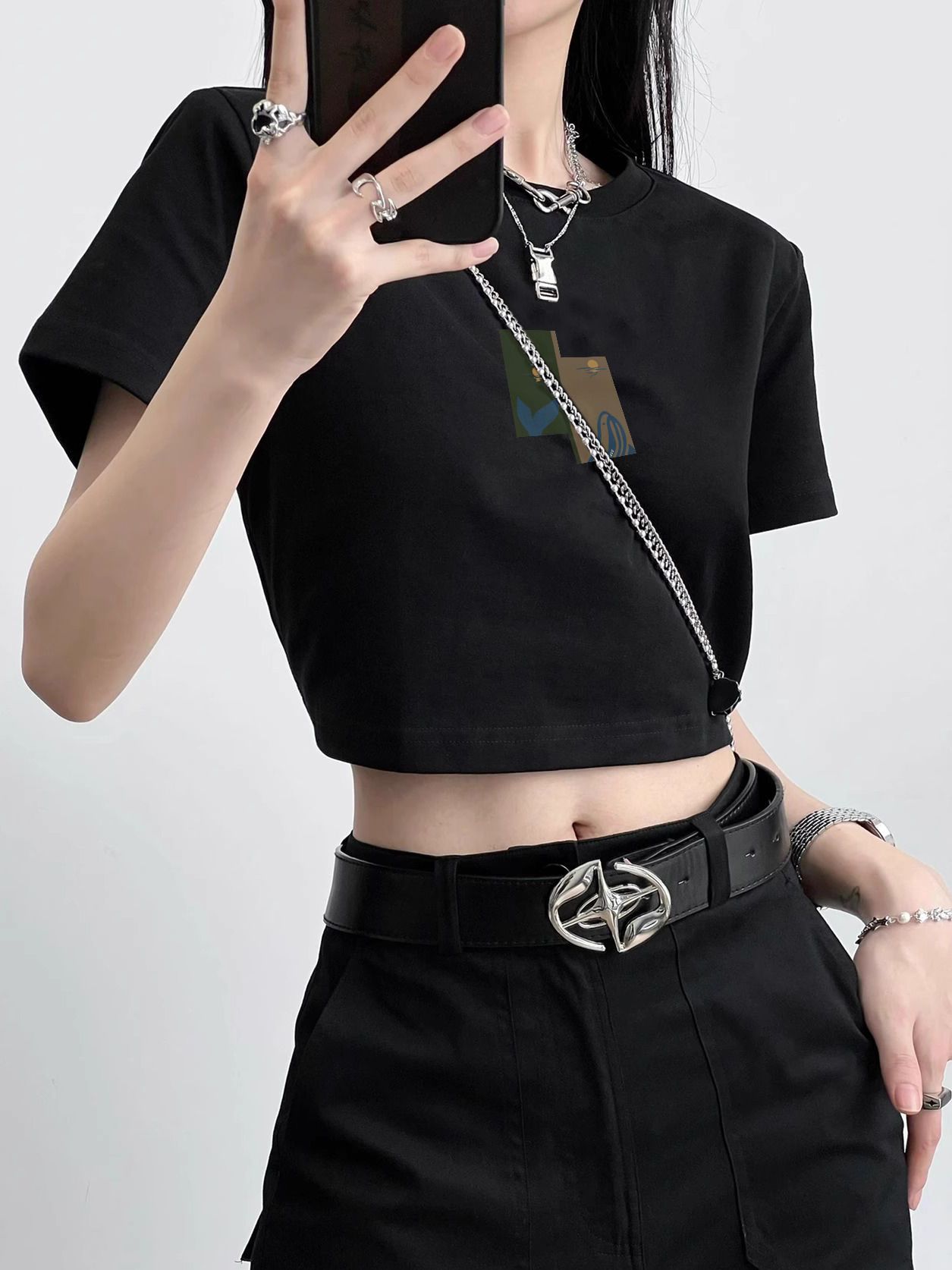 Pure cotton original foreign trade Korean version rear bag collar summer new women's round neck printed slim short T-shirt for women short sleeves