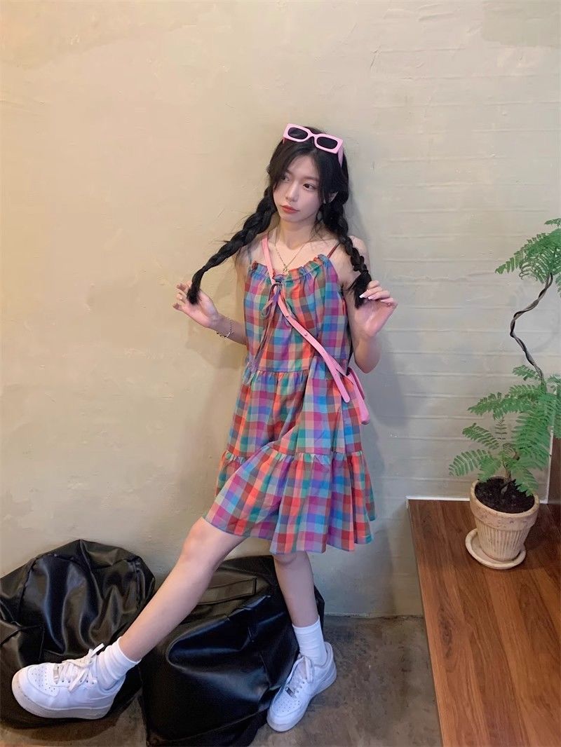 ins風韓版彩虹格子吊帶裙女夏季甜美多巴胺寬鬆少女連衣裙