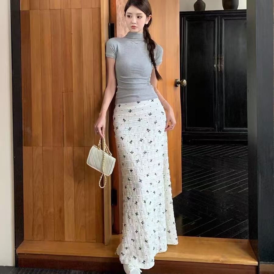 2025 summer vacation style bow printed lace hollow floral fishtail skirt to make you look slim and pure long skirt