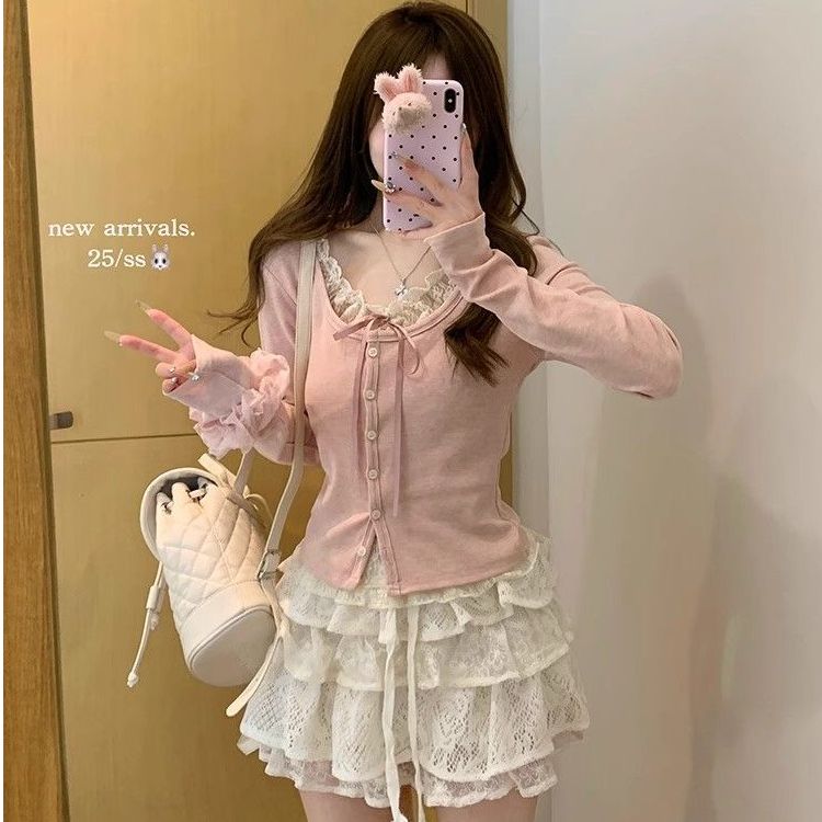 2025春裝新款女裝假兩件T恤長袖蕾絲打底衫內搭法式小衫短款上衣
