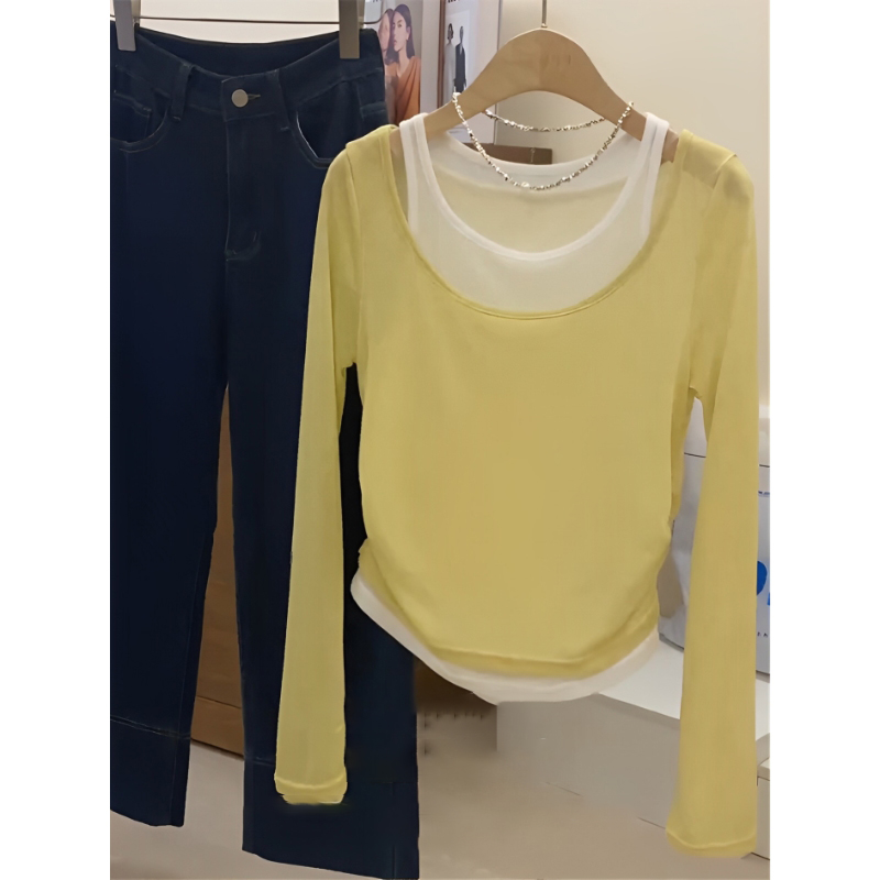 Hong Kong style chic light yellow fake two-piece slim long-sleeved T-shirt top for women's summer contrasting new thin style slightly transparent spring and autumn