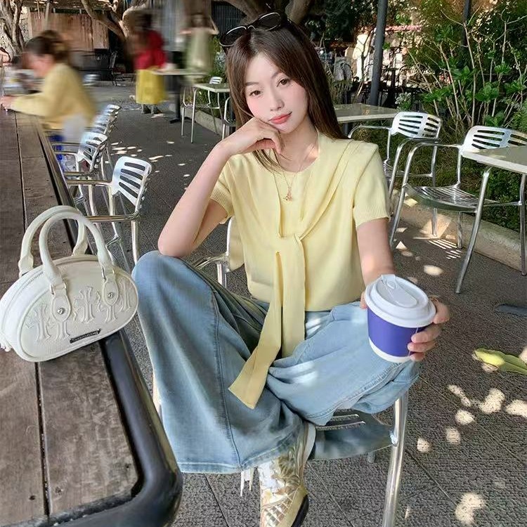 College style Korean ins fresh candy color sweet and cute versatile temperament knitted short-sleeved cardigan top summer