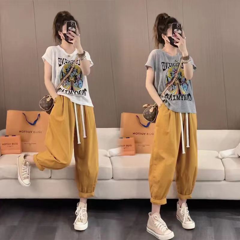 Internet celebrity fashion suit for women in summer new Korean style cartoon pattern printed short-sleeved T-shirt casual two-piece set