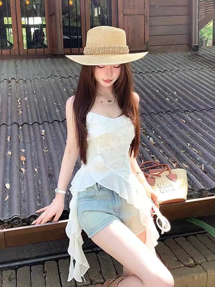 不規則飄帶花朵吊帶背心女夏新款高級感外穿收腰顯瘦短款小衫上衣