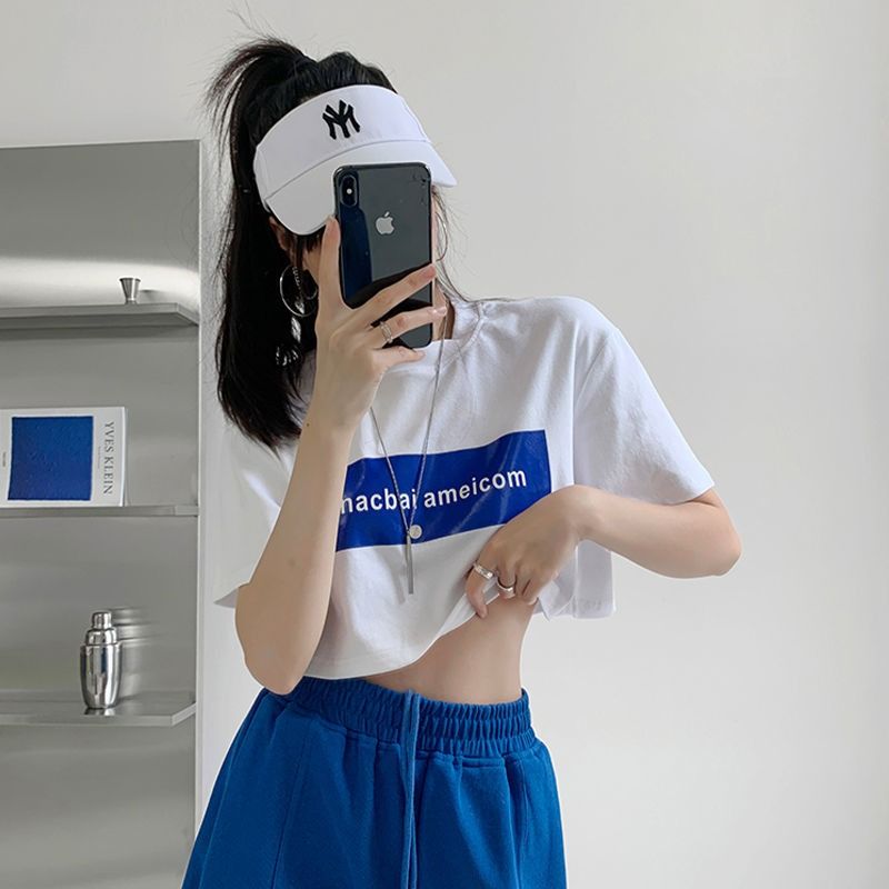 純棉原版外貿韓版後包領夏季新款短袖T恤女高腰露臍圓領修身上衣