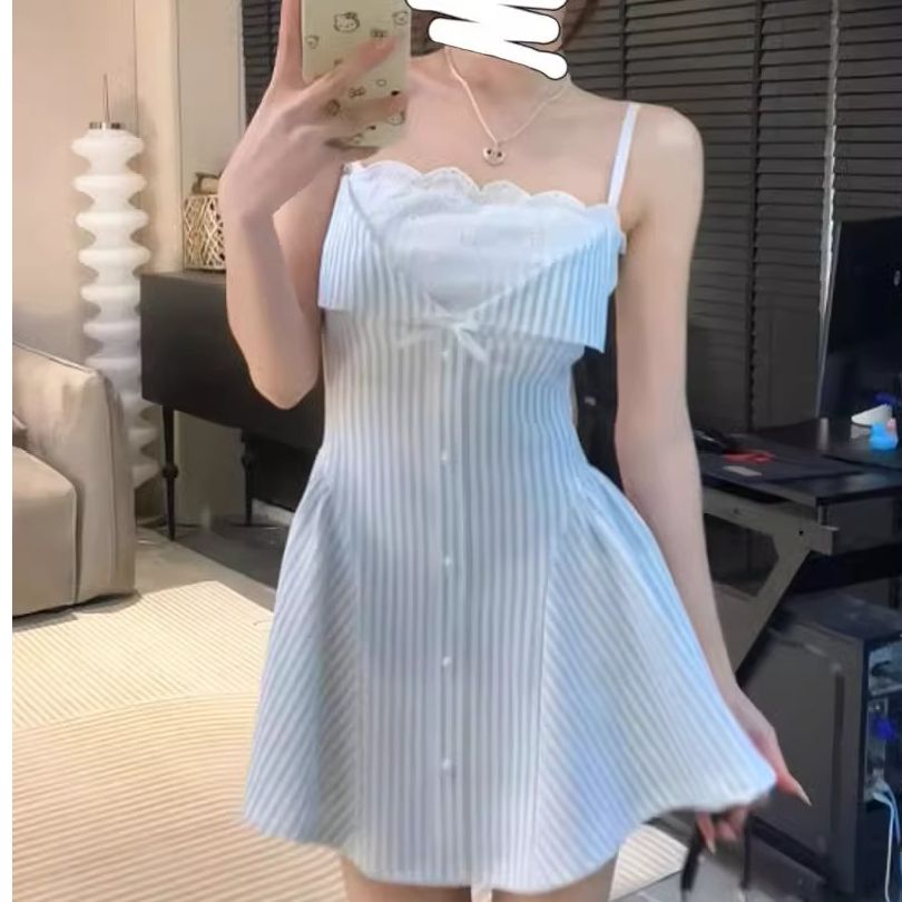 2025 summer new French lace splicing suspender dress for women with niche waist slim look A-line short skirt