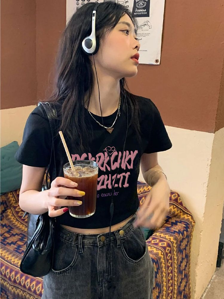 純棉原版外貿韓版後包領夏季新款女裝圓領印花修身短款T恤女短袖