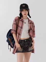 韓版復古粉色格子短袖襯衫女秋夏寬鬆oversize情侶百搭襯衣潮