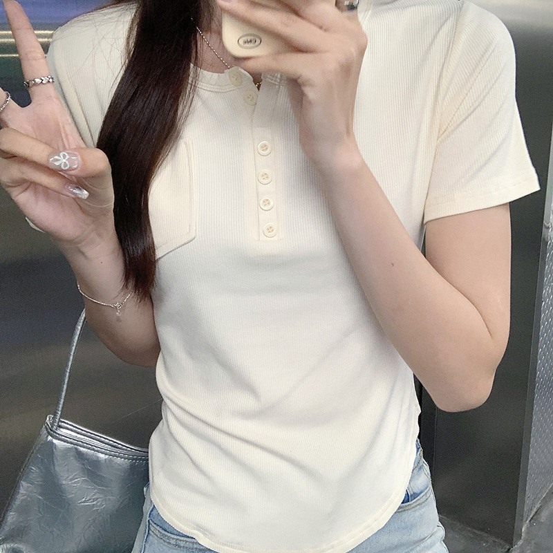 Real shot 2*2 people cotton 260g short-sleeved T-shirt summer 2025 women's trendy pocket slim shoulder short round neck top