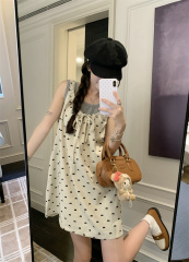 Real shot of suspender dress drawstring design polka dot vest skirt two-piece set