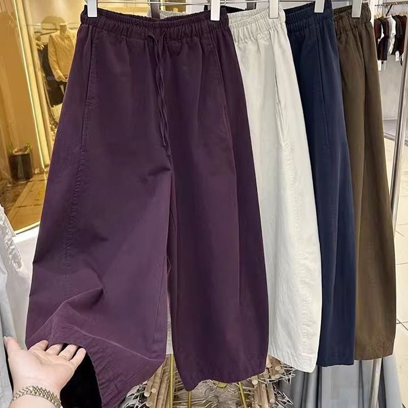 Washable cotton new elastic loose wide-leg slimming casual pants for spring and summer, dad-style nine-quarter straight-leg pants, harem pants