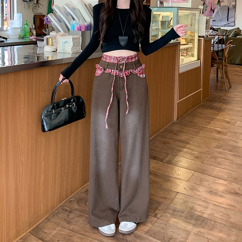 Real shot~ Women's spring new Maillard plaid splicing design feel loose casual wide-leg pants