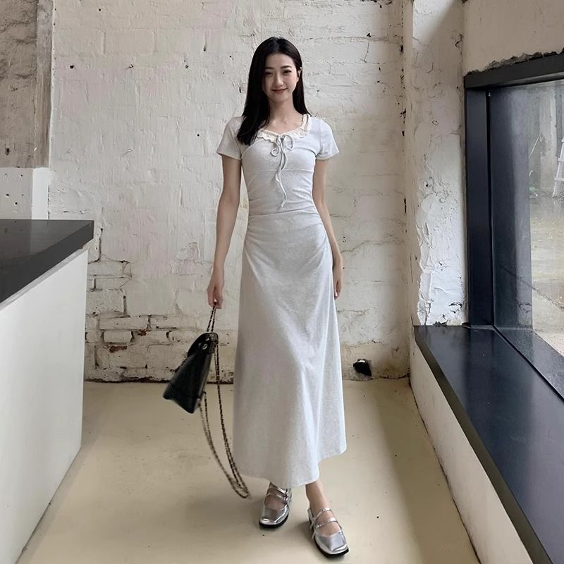 Foreign trade original summer new Korean version pleated waist-hugging dress for women with slim fit and long skirt