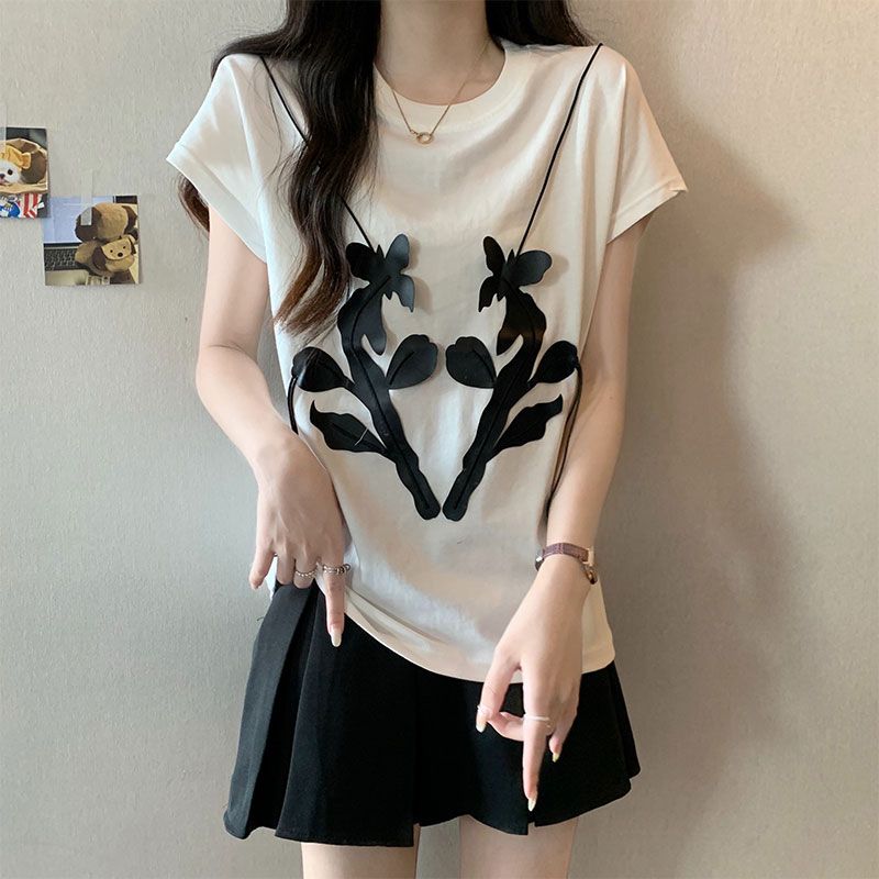 實拍 夏季小眾別致獨特設計感上衣立體花朵洋氣白色圓領T恤女