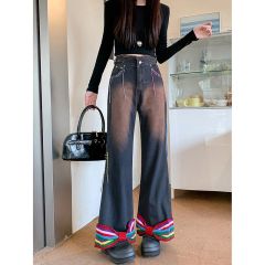 Real shot~Retro old bell-bottom pants for women with bow embroidered wide-leg slimming straight trousers jeans trendy