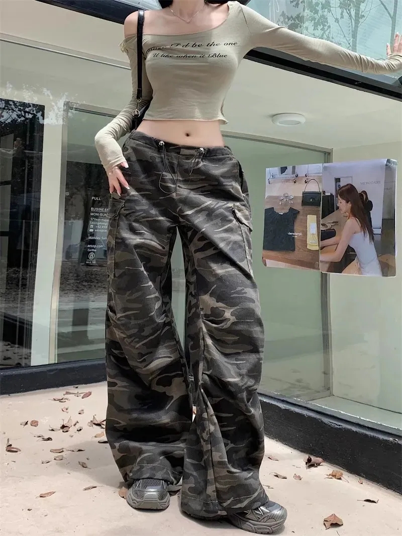 2025 new American overalls pants high street drawstring retro camouflage trousers loose casual pants men and women straight pants