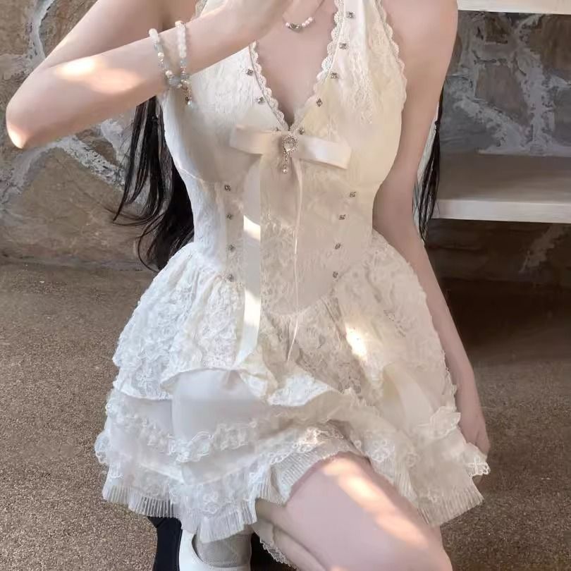 Bow French backless halter dress for women summer slim lace skirt sweet hot girl waist cake skirt