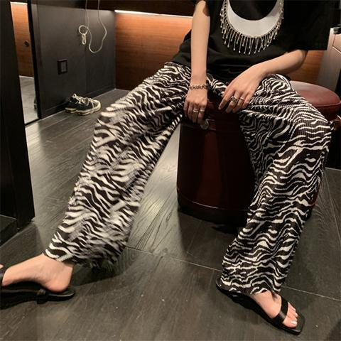 Korean foreign trade large-size women's zebra pattern pants high waist draped straight-leg floor pants casual loose wide-leg pants