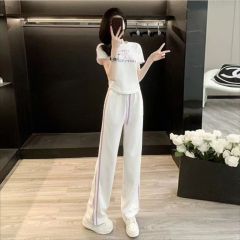 港風白色休閒運動套裝女夏時尚洋氣減齡印花短袖高腰直筒褲兩件套