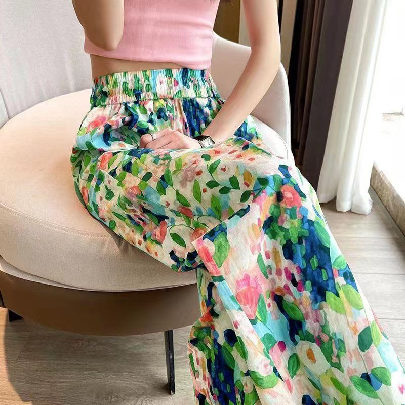 Summer 2025 new flower pants high waist wide-leg pants loose straight nine-point trendy seaside mosquito-proof casual beach pants