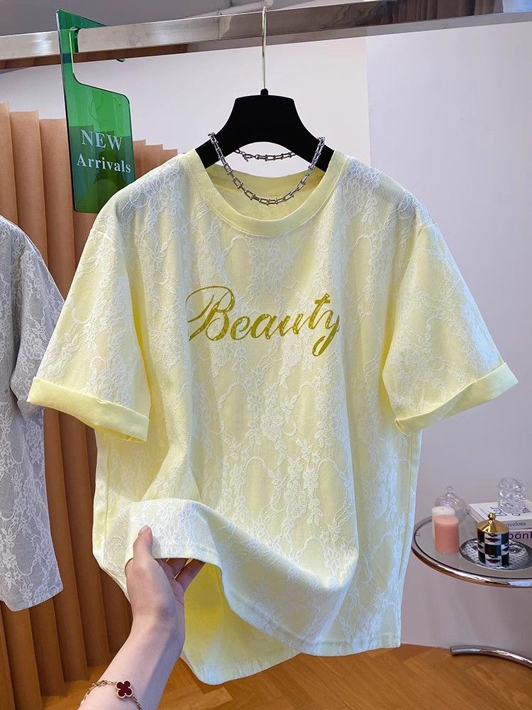 刺繡大碼300斤 法式拼接蕾絲字母短袖T恤女上衣絕美寬鬆春夏款