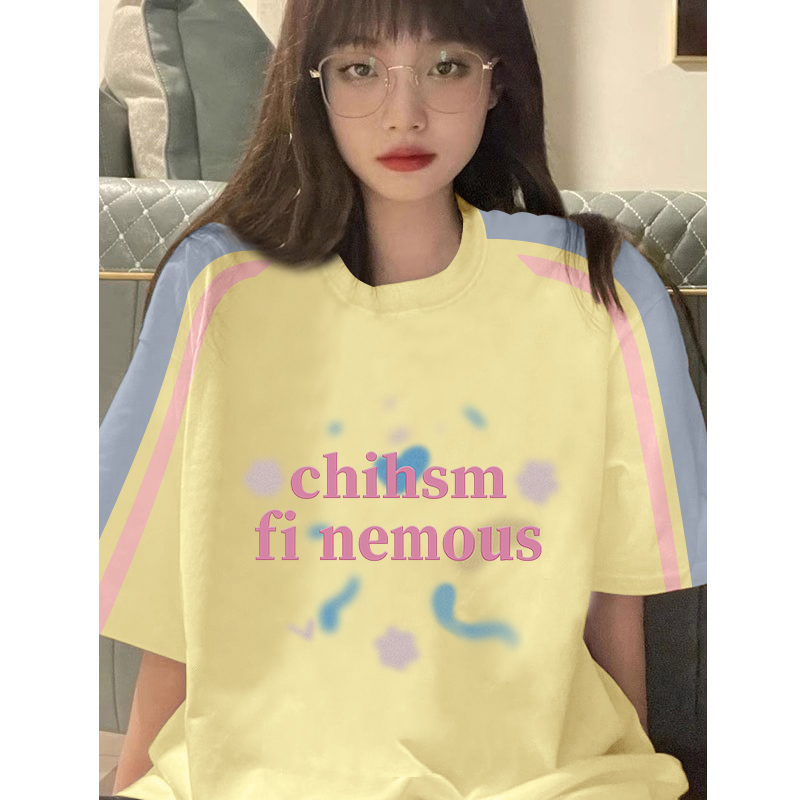 High-quality pure cotton 220g 19 pieces of wool + feel printed loose large version of raglan contrasting color short-sleeved T-shirt for women