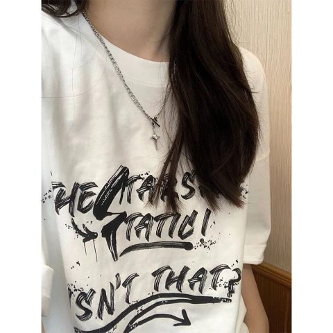 Korean foreign trade Korean new casual printed T-shirt for women in summer round neck loose fashionable versatile short-sleeved top