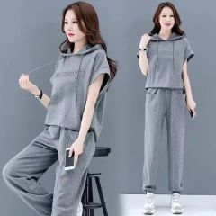 Large size women's clothing 2025 new summer loose and slimming casual sports set stylish hooded two-piece set