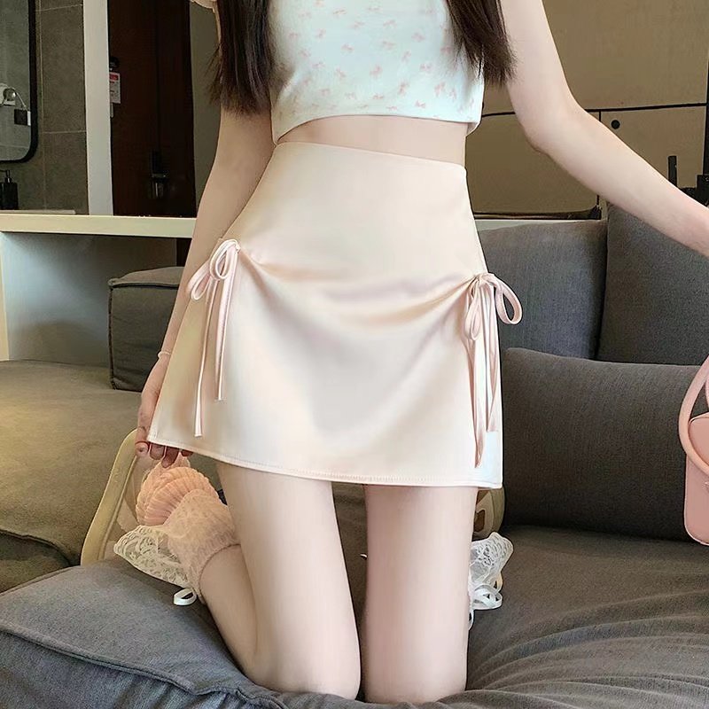 Acetate cloth composite mesh cloth/with safety pants in autumn and winter new bow versatile high waist anti-exposure skirt