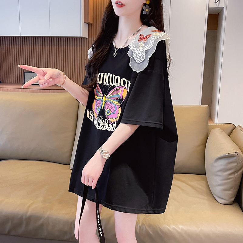 | Real shot | Pure cotton 200g | Back bag collar | Mid-length doll collar embroidered short-sleeved T-shirt for women