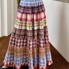 格紋拼接半身裙女2025春季新款設計感復古小眾高腰a字大擺長傘裙