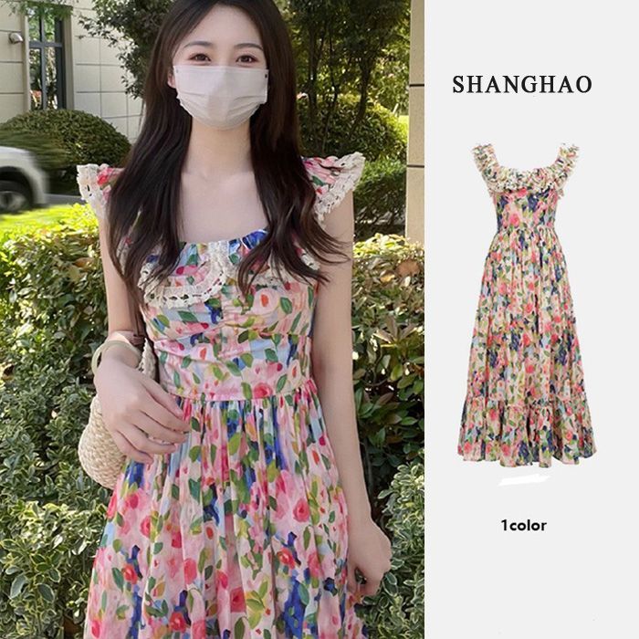 2025 summer new colorful floral sleeveless one-shoulder French tea break seaside resort designer dress