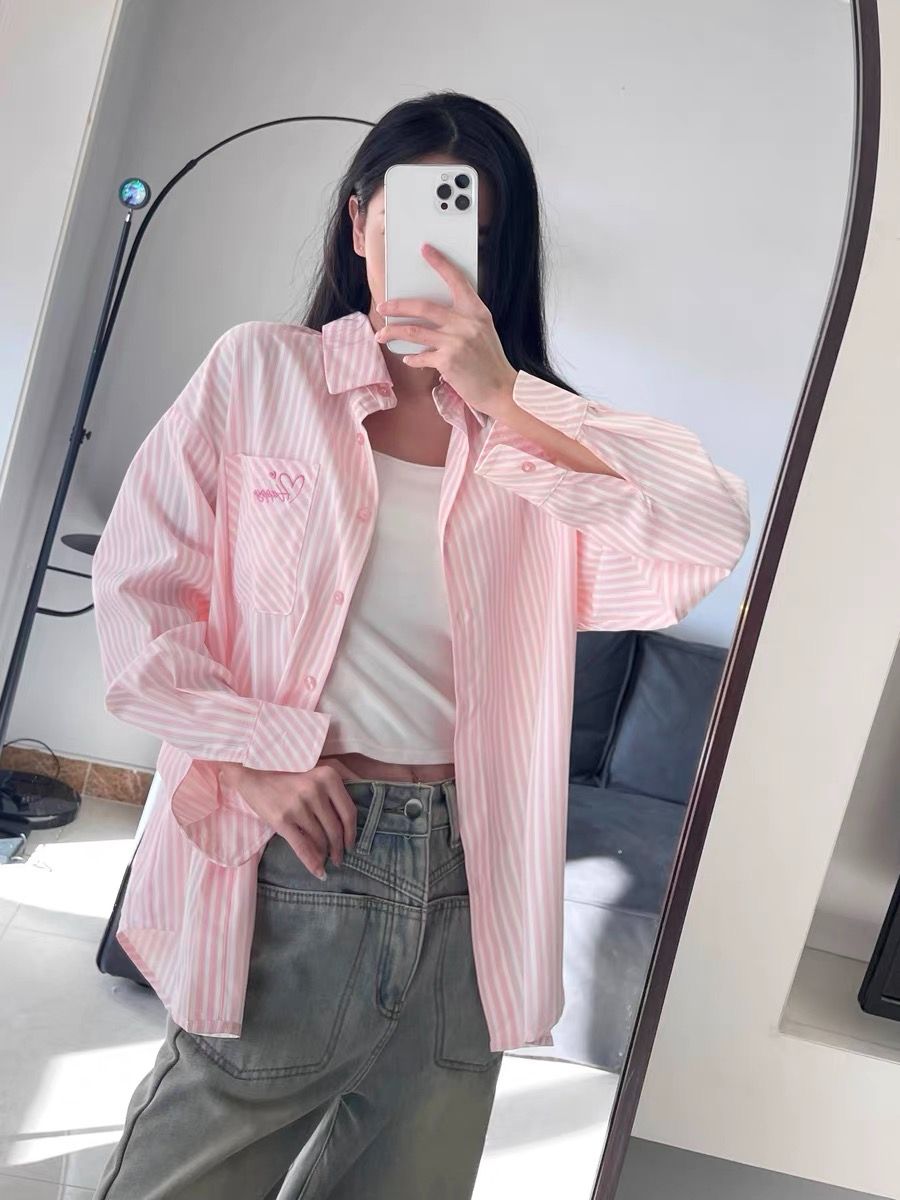 韓系甜美粉色條紋襯衫女春夏薄外套設計感內搭上衣長袖襯衣服