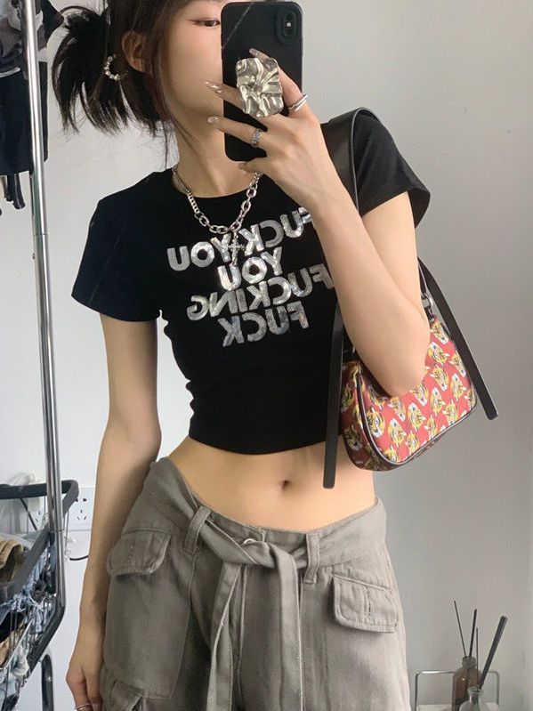 Pure cotton original foreign trade Korean version rear bag collar summer new women's round neck printed slim short T-shirt for women short sleeves