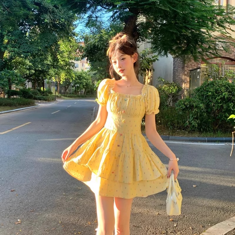 Dopamine sweet puff sleeves colorful polka dot dress women summer escape princess skirt floral cake skirt small