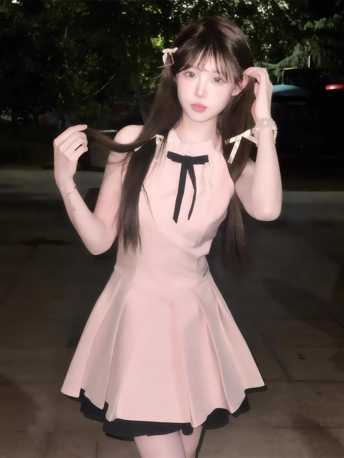 Pink neck halter dress for women, slim and slim French style, bow, beautiful summer sleeveless skirt