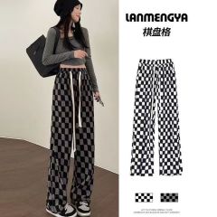 黑白格子闊腿褲女夏秋潮牌高腰垂感休閒直筒褲寬鬆冰絲棋盤格褲子