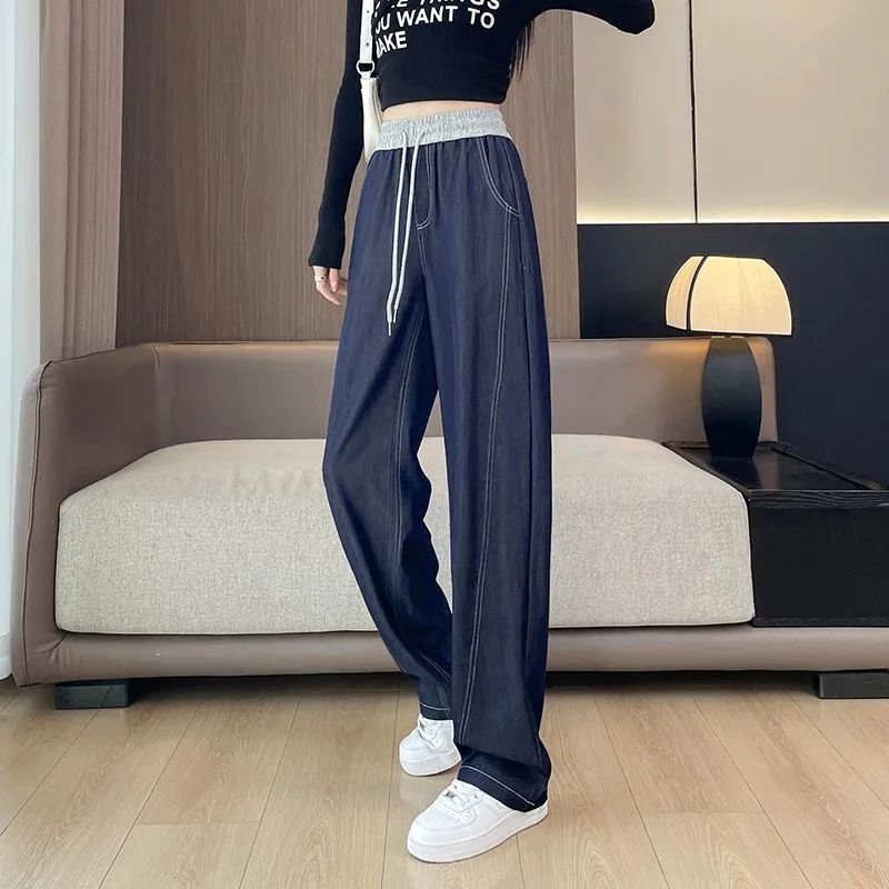 丹寧藍抽繩牛仔褲女春夏新款闊腿褲大碼胖mm寬鬆顯瘦彎刀香蕉褲子