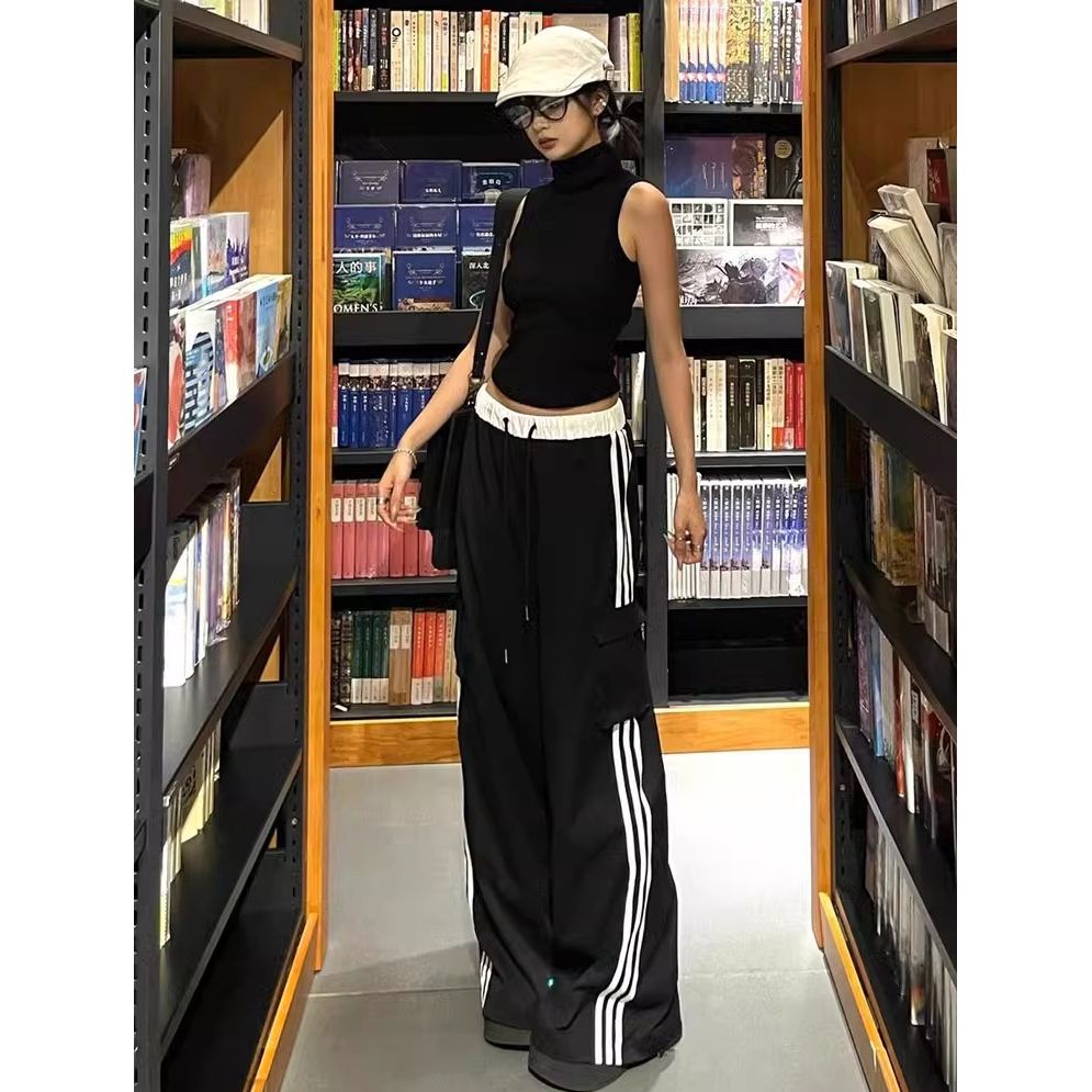 美式高街黑色三條槓工裝褲女夏季薄款寬鬆直筒垂感休閒拖地闊腿褲