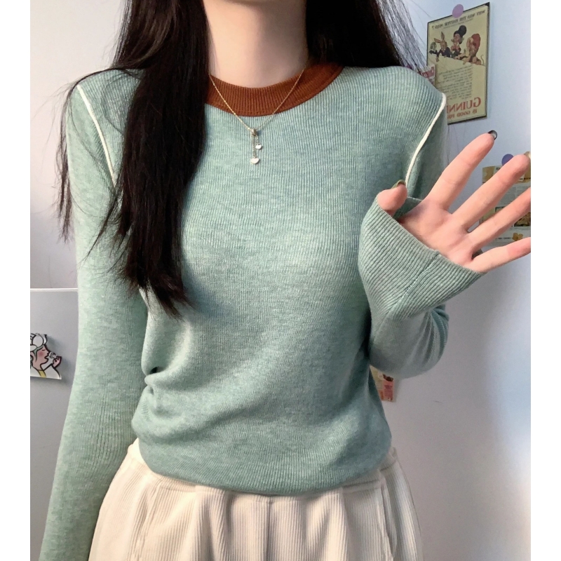 Mint green base shirt for women with slim tops for women with slim hot American chic sweet and spicy outfit contrasting round neck knitted sweater