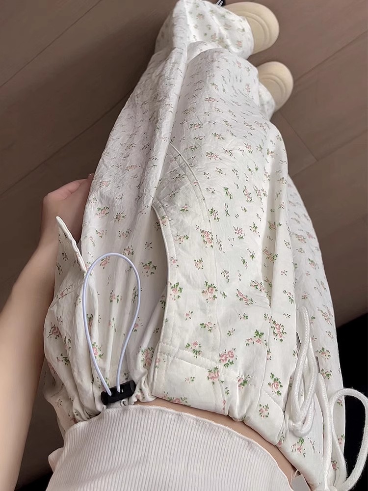 Floral work pants for women in summer 2025 new high-waist loose casual wide-leg pants American retro white sports pants