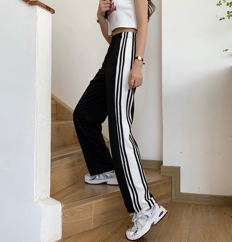 Korean foreign trade Korean new spring and autumn large-size women's black and white striped sports pants casual pants high-waisted straight pants