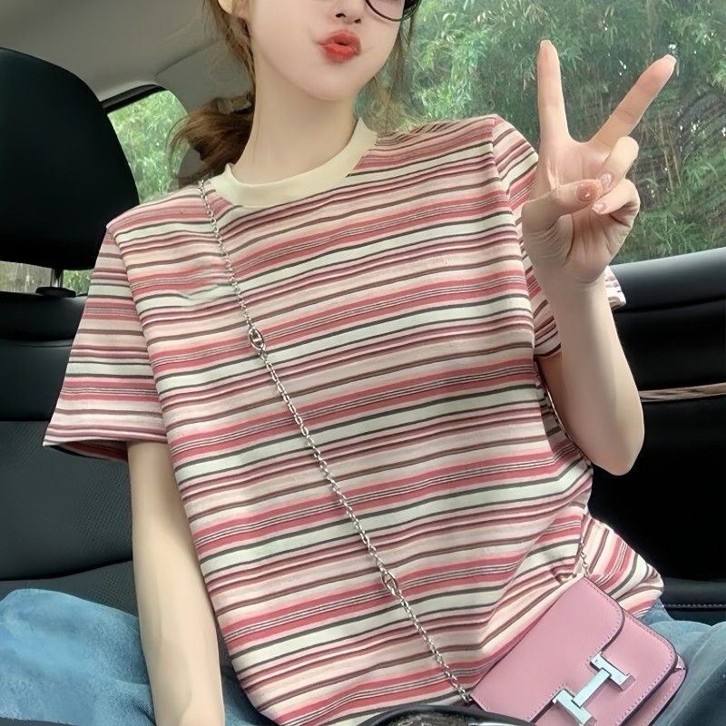 美式復古條紋短袖t恤女新款夏季設計感上衣潮